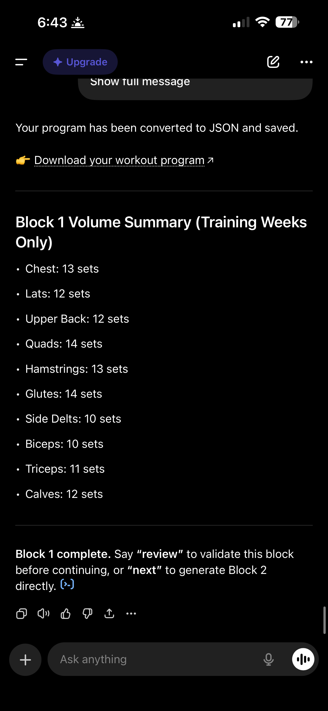 ChatGPT response showing volume summary per muscle group and download link for workout program JSON
