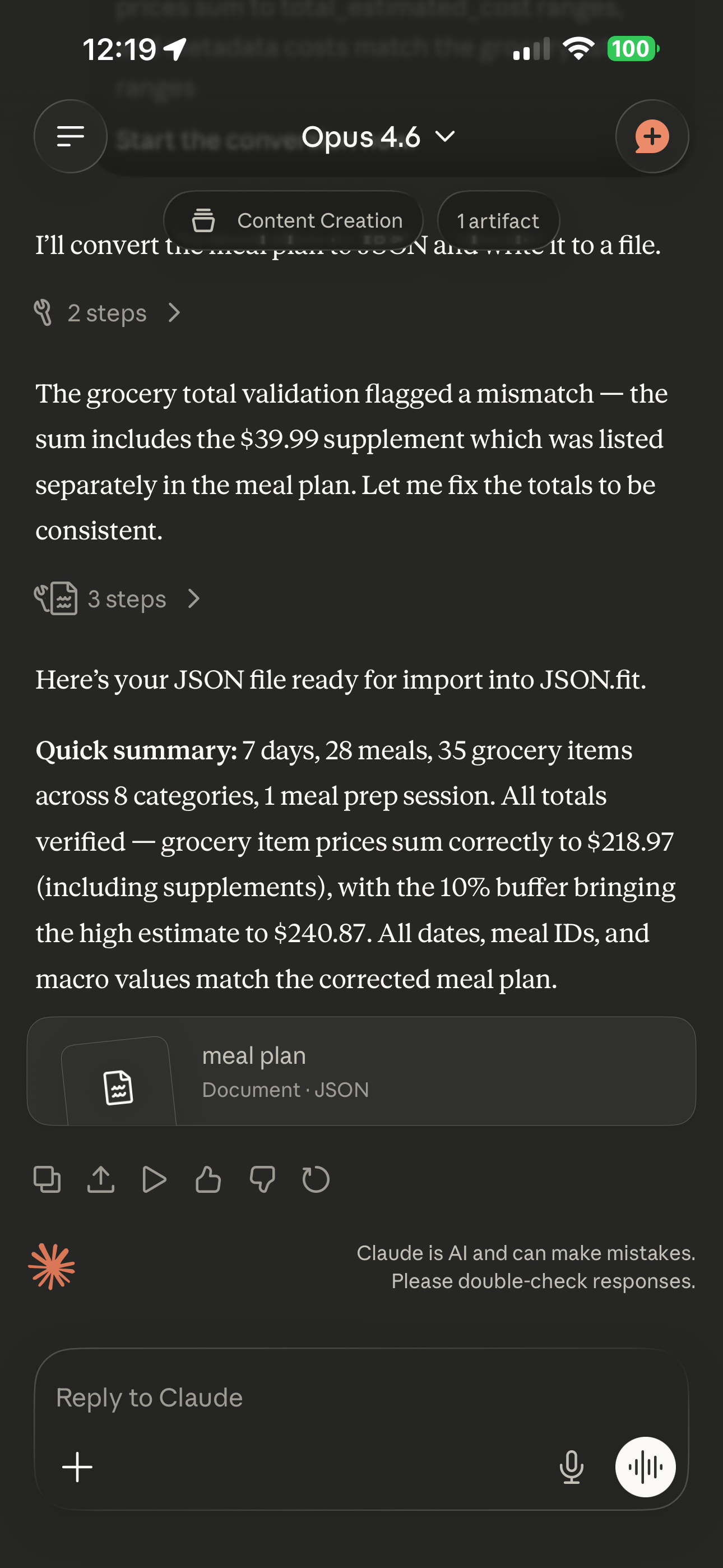 Claude's completed response showing a verified meal plan JSON file ready for import