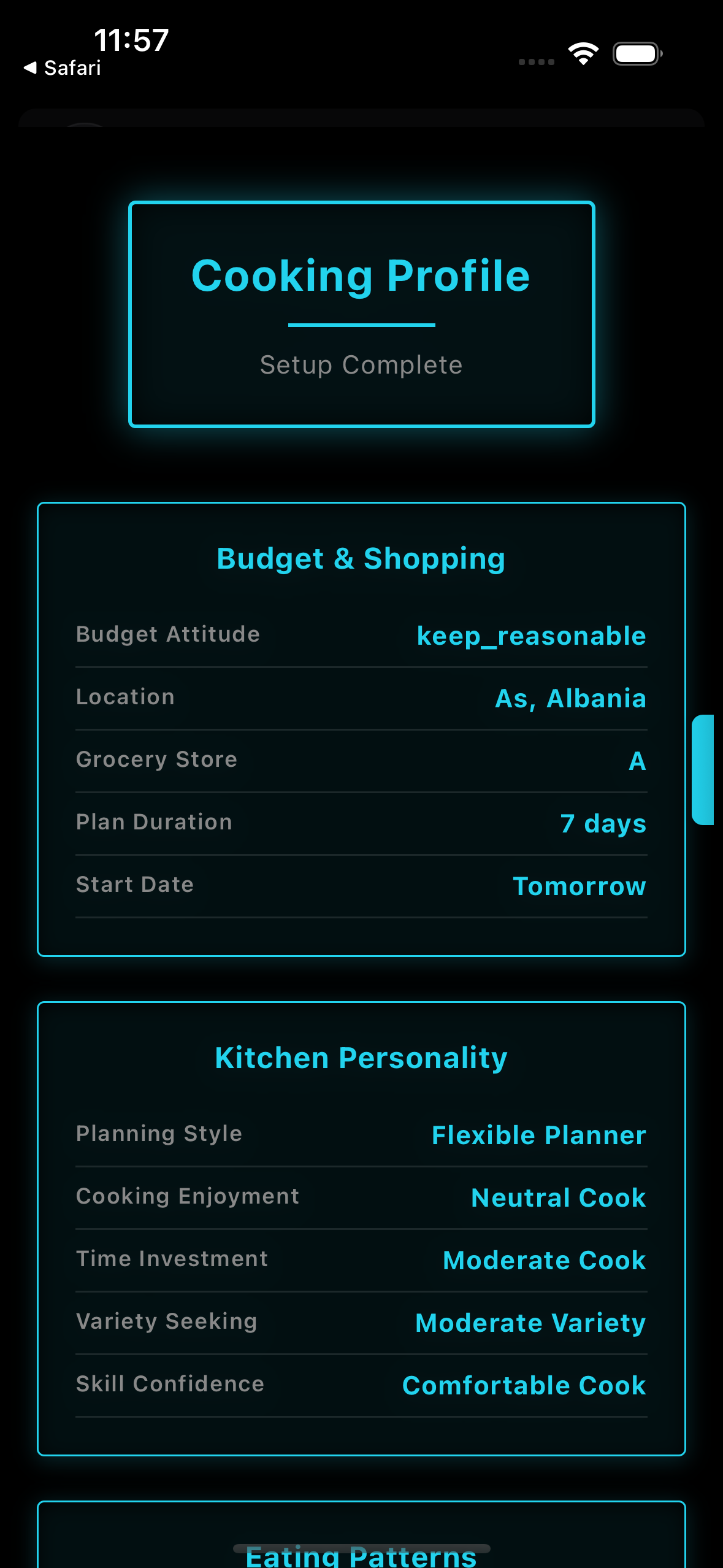 Cooking profile with budget, kitchen personality, and eating patterns