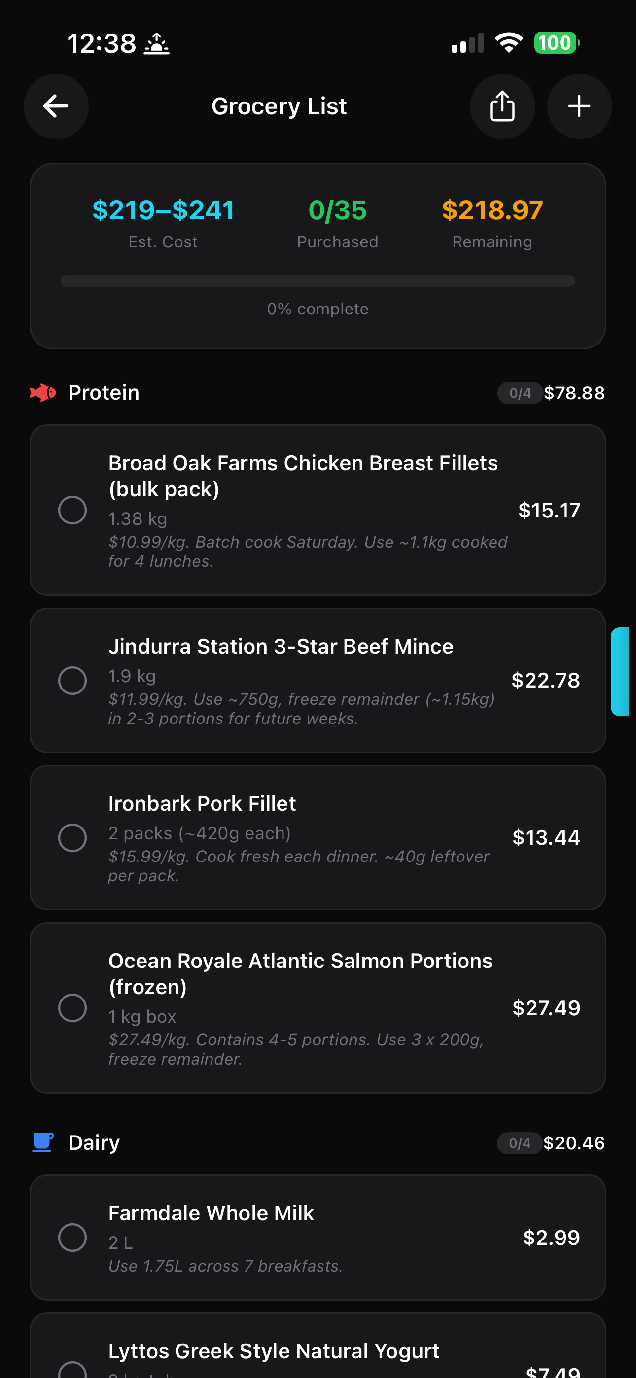 Grocery list showing specific products with prices, quantities, and usage notes like batch cook Saturday