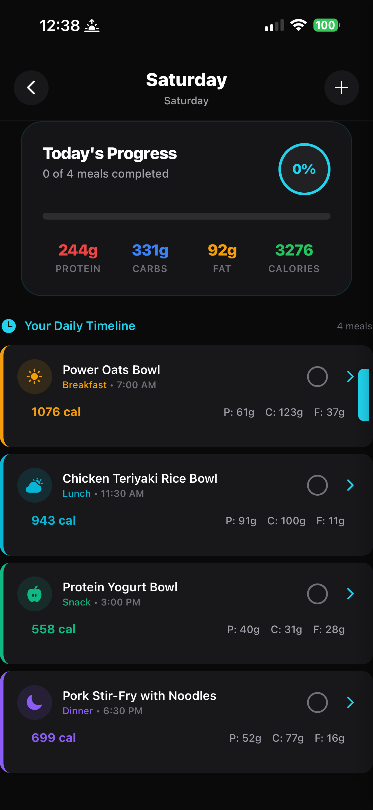 Saturday daily meal timeline showing Power Oats Bowl, Chicken Teriyaki Rice Bowl, Protein Yogurt Bowl, and Pork Stir-Fry with per-meal macros