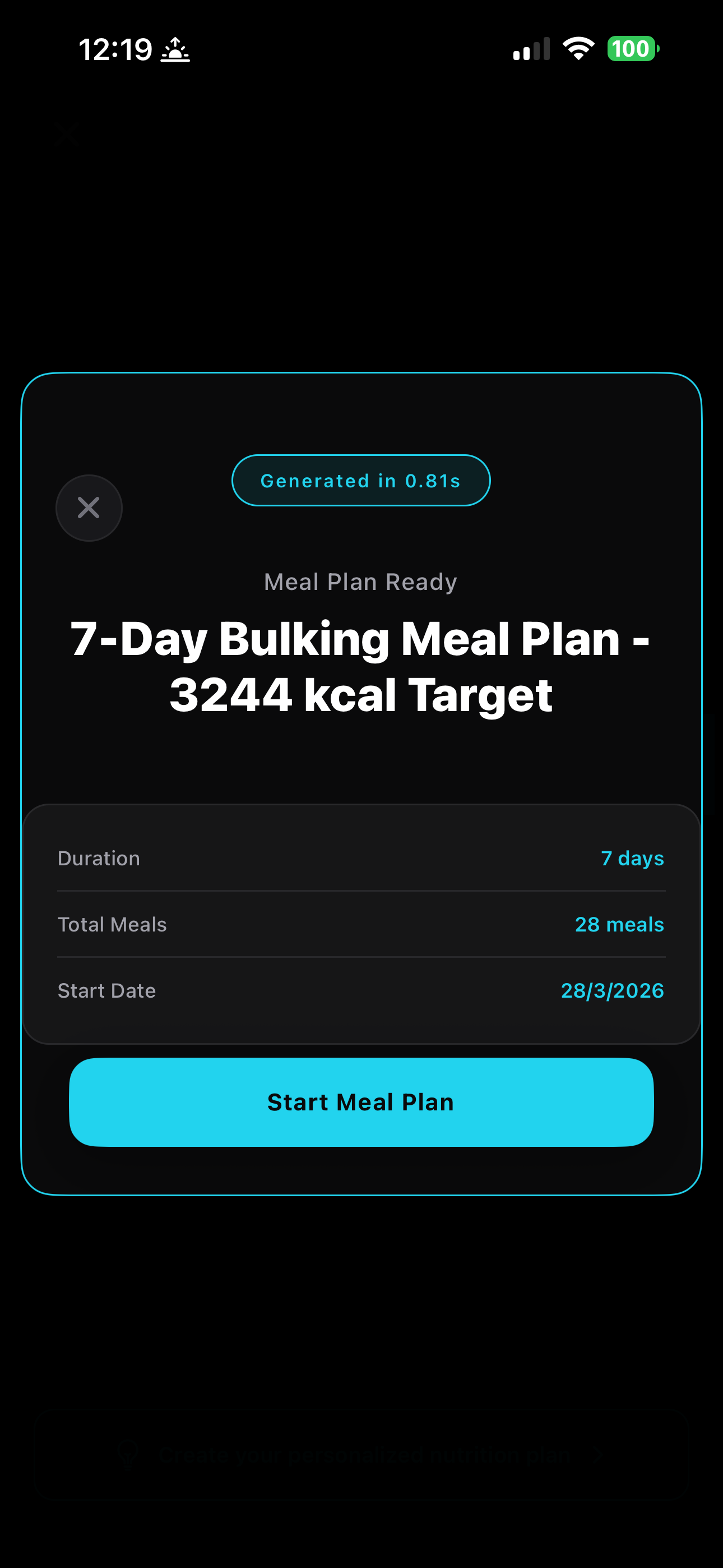 Meal Plan Ready screen showing 7-Day Bulking Meal Plan generated in 0.81 seconds