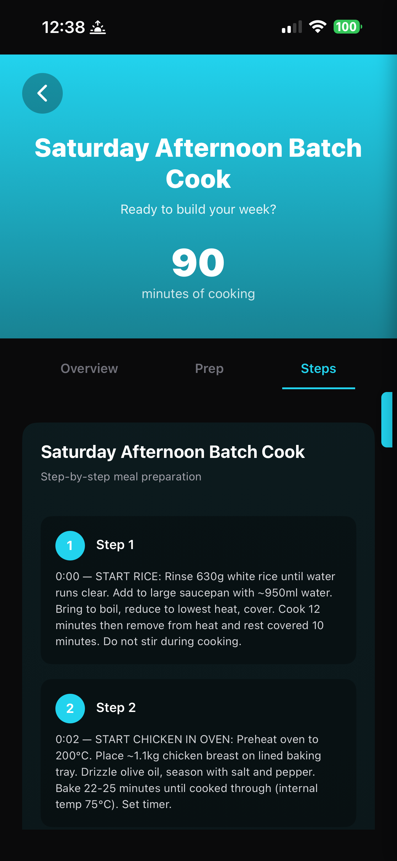 Step-by-step batch cooking instructions with timed steps for rice and chicken