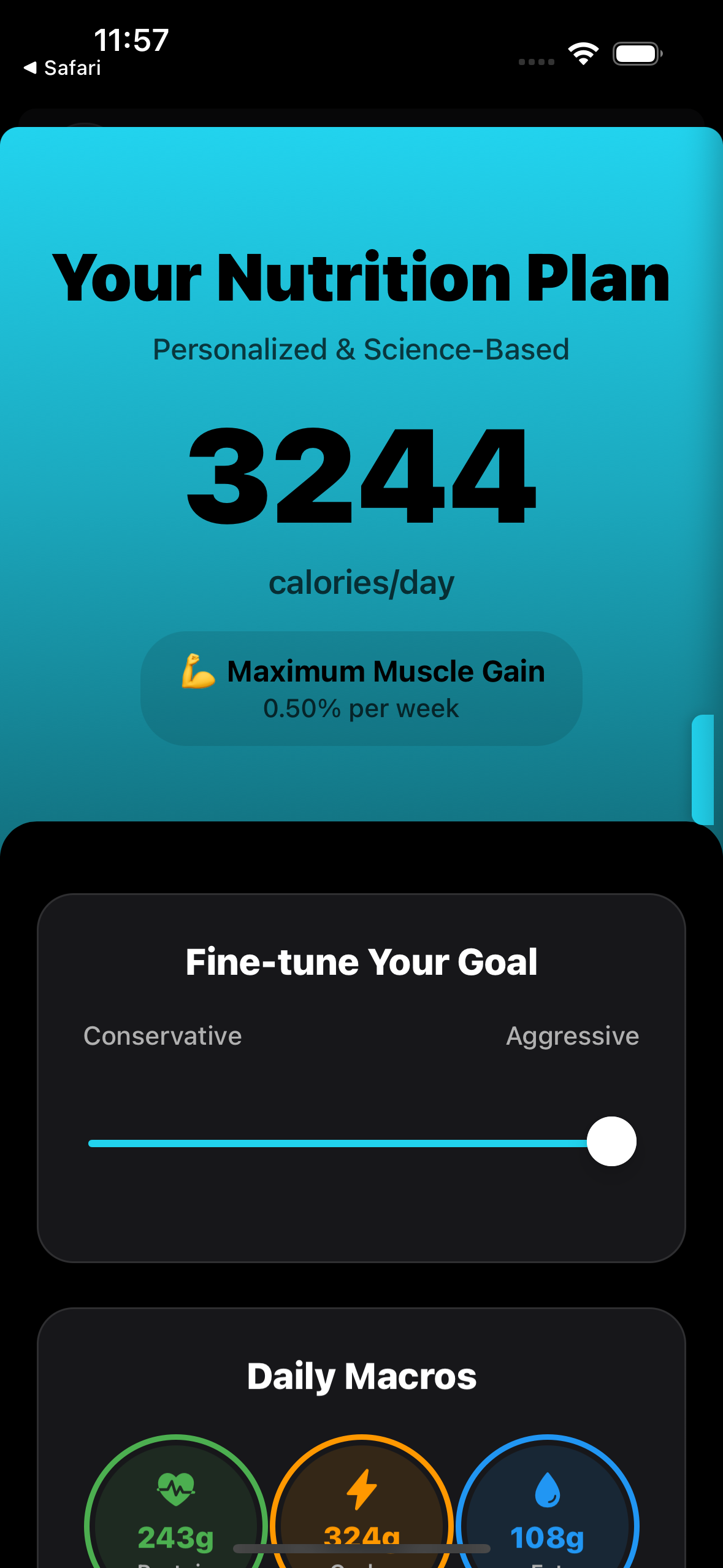 Personalised nutrition plan showing 3244 calories and macro targets