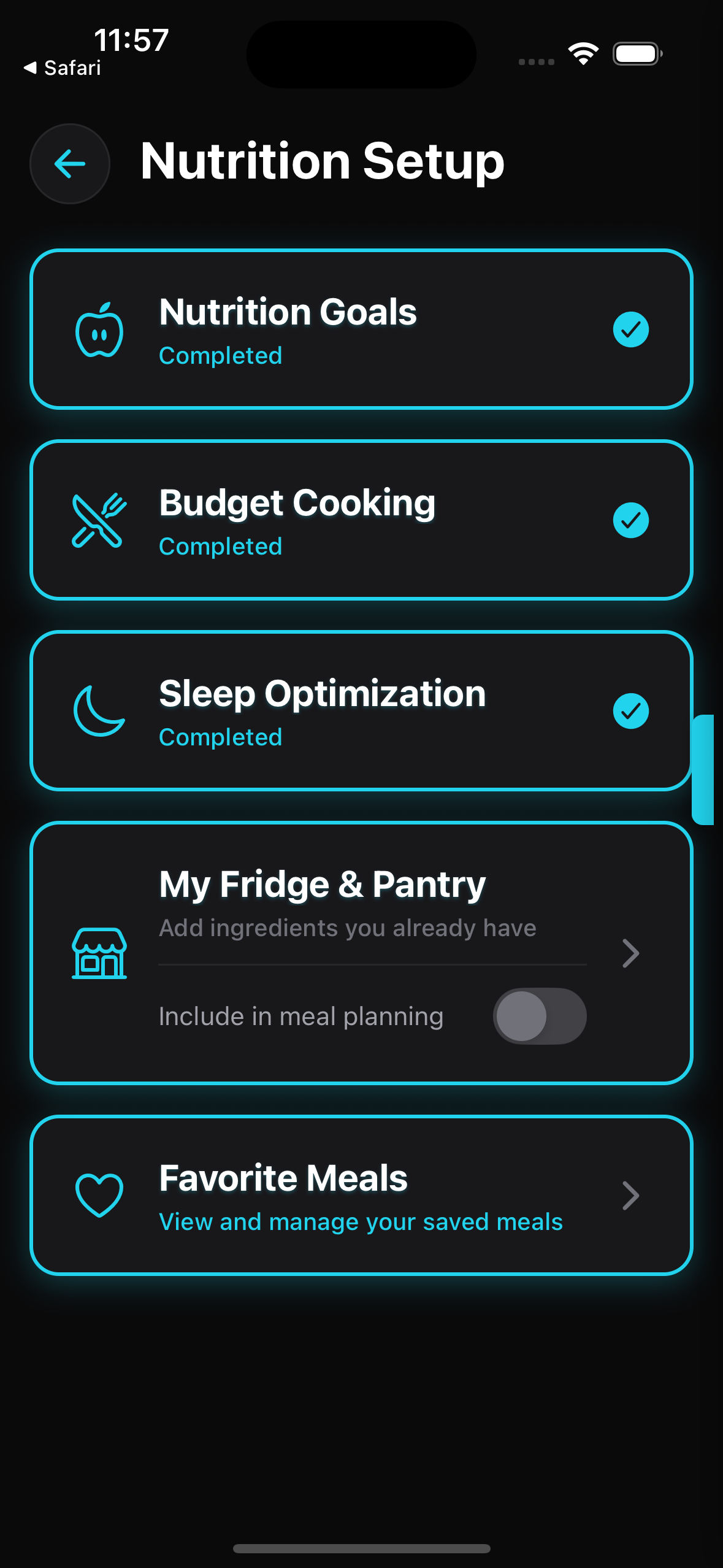 Nutrition setup menu with goals, budget, sleep, pantry sections