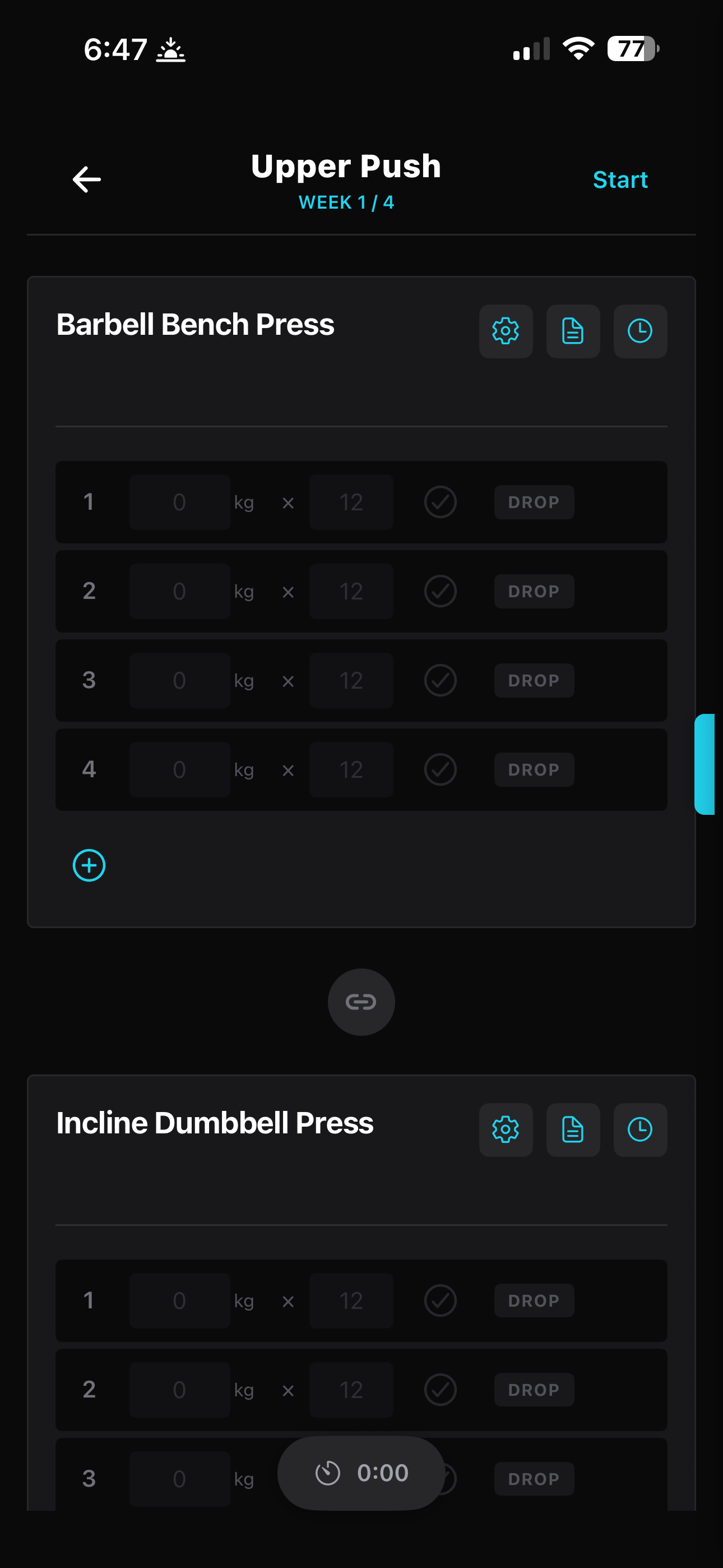 Logging view showing Barbell Bench Press 4x12 and Incline Dumbbell Press with weight and rep inputs