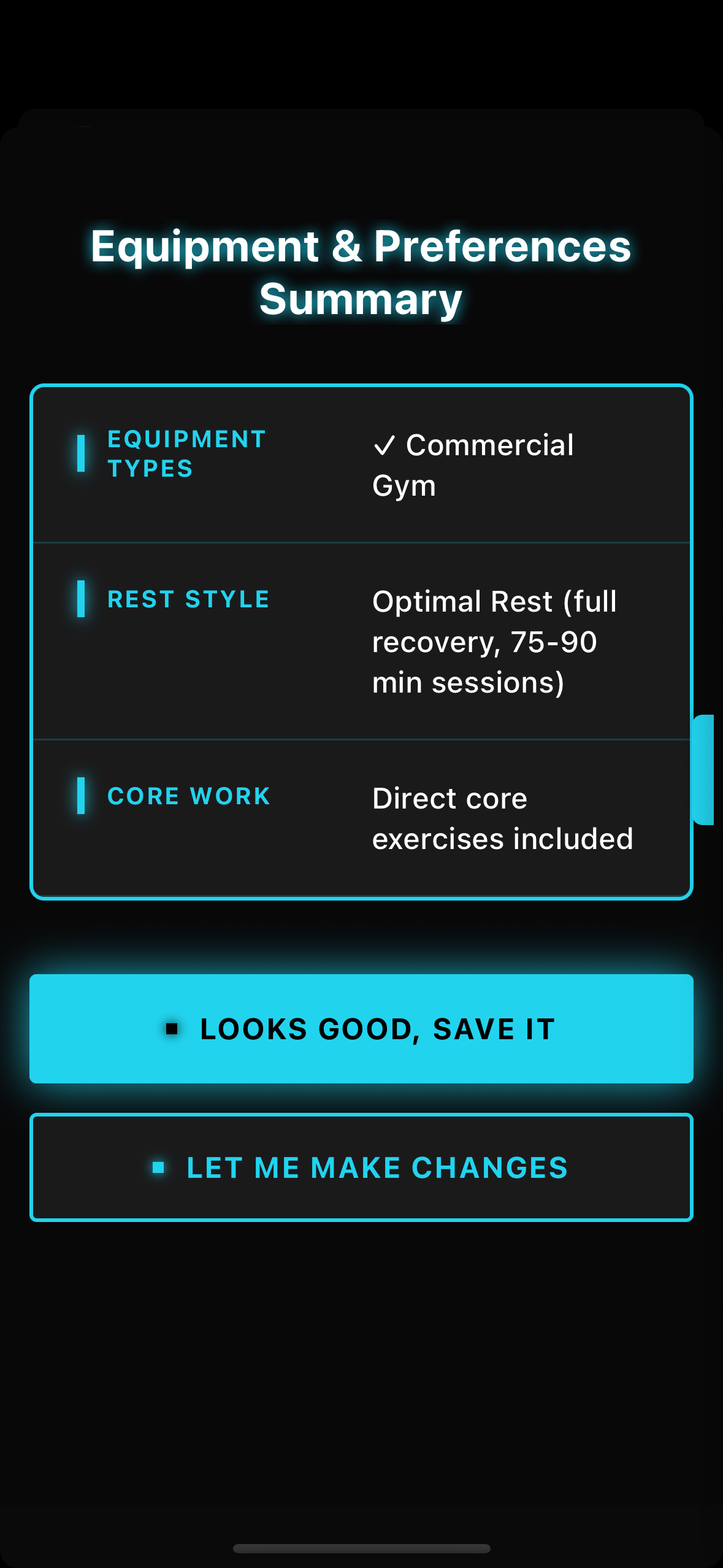 Equipment & Preferences showing Commercial Gym, Optimal Rest, Core Work included