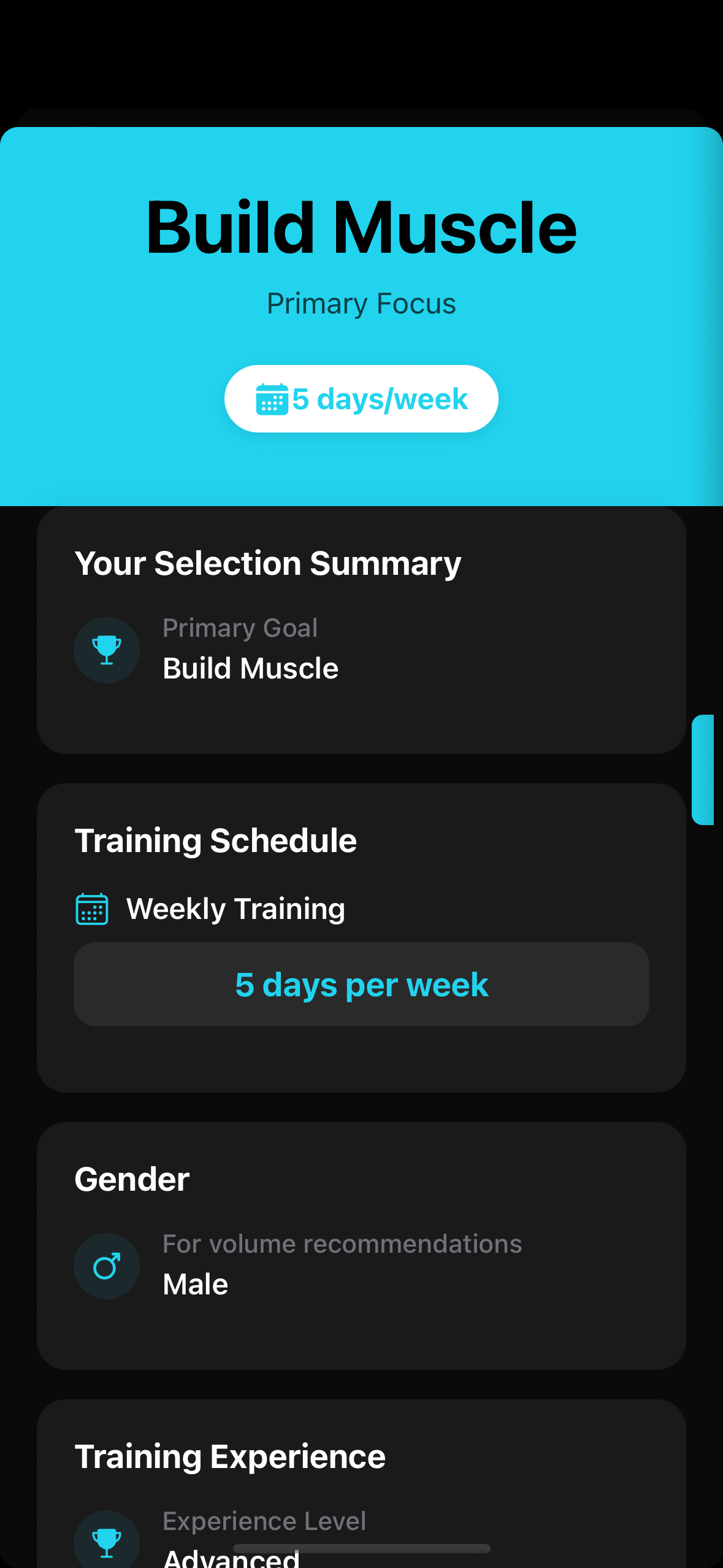 Build Muscle goal summary showing 5 days per week, Male, Advanced experience