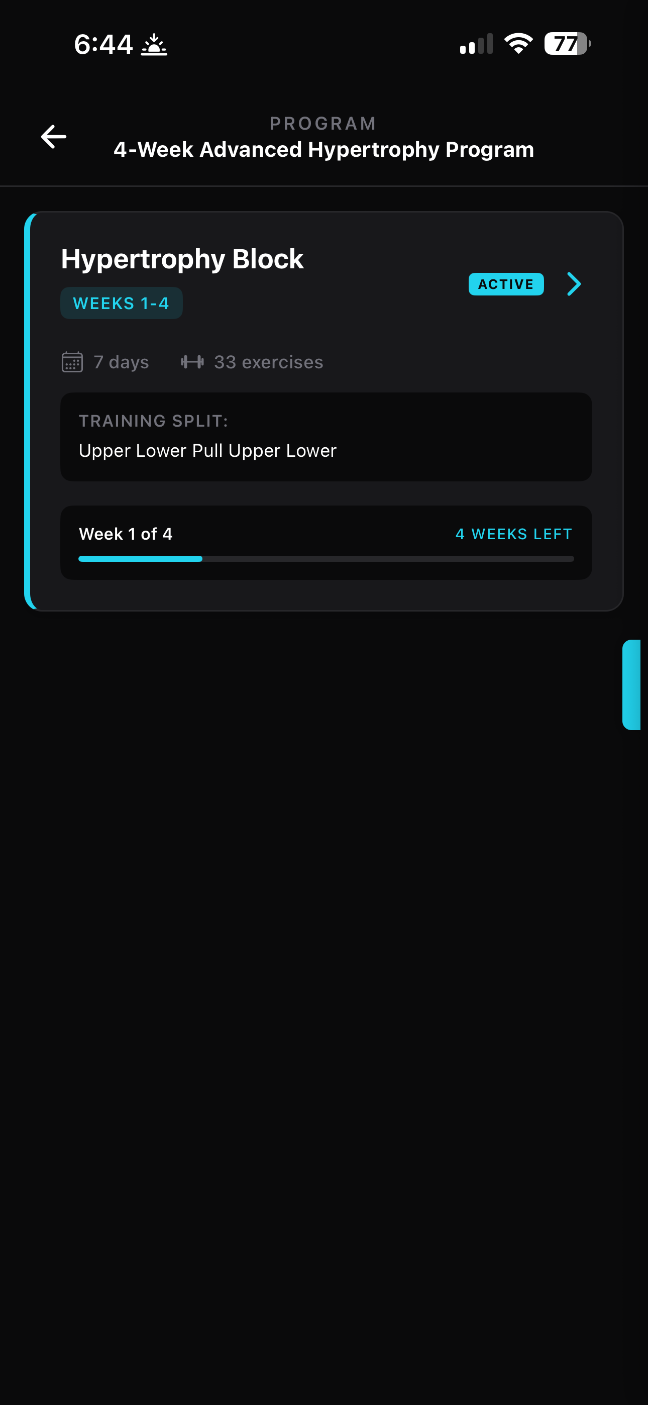 Program overview showing Hypertrophy Block, Weeks 1-4, 33 exercises, Upper Lower Pull Upper Lower split