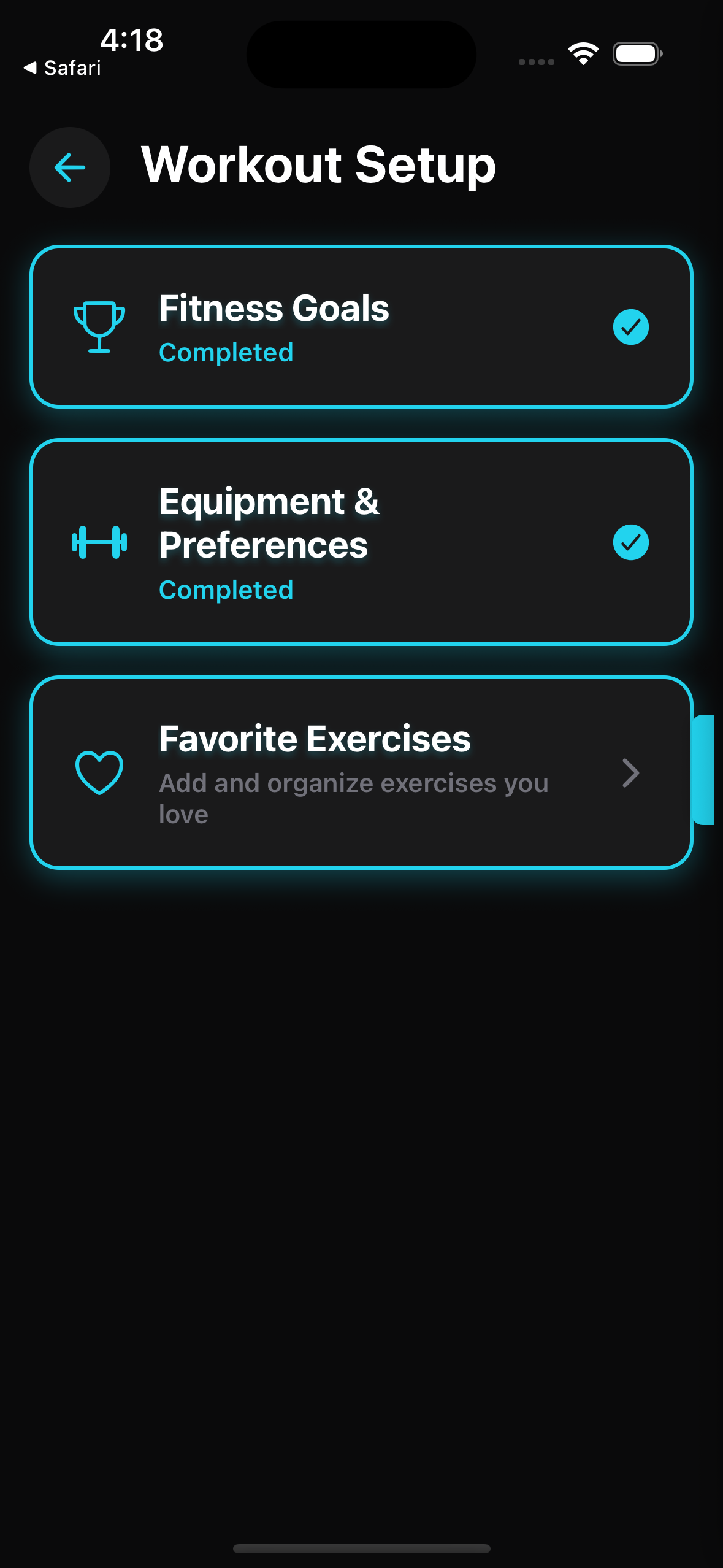 Workout Setup screen with Fitness Goals, Equipment & Preferences, and Favorite Exercises