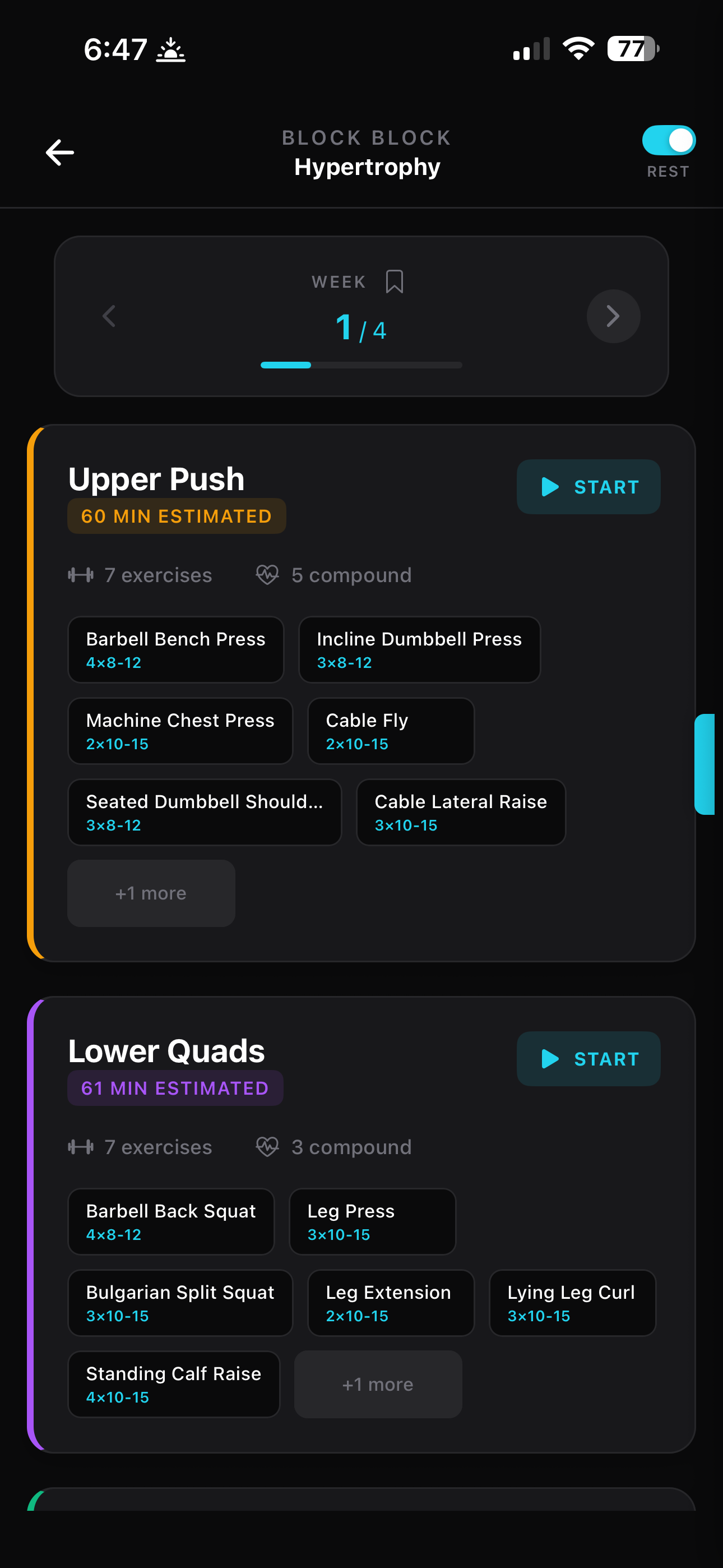 Week view showing Upper Push and Lower Quads days with exercises and sets/reps listed