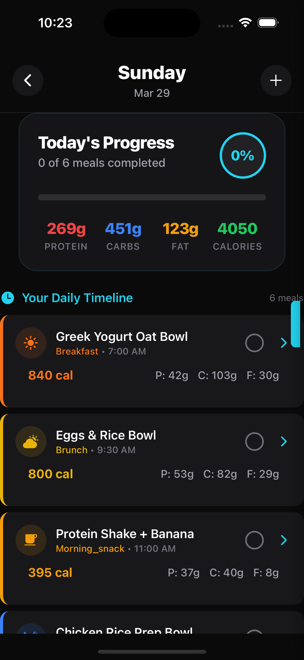 Daily meal timeline with macros