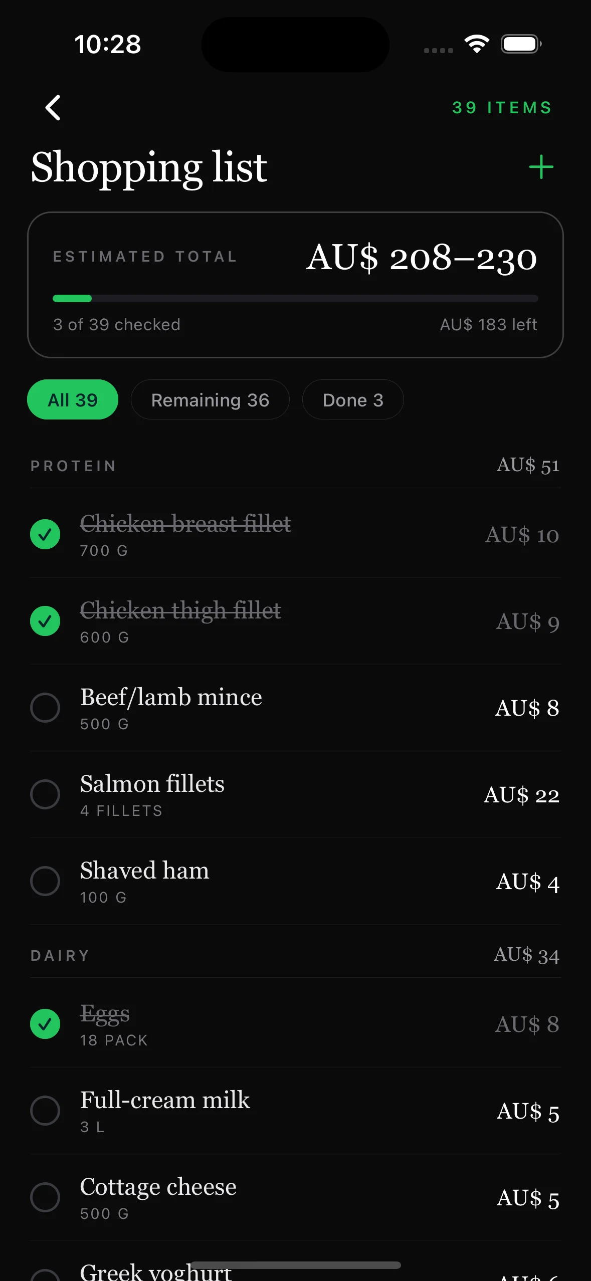 Itemised shopping list with prices