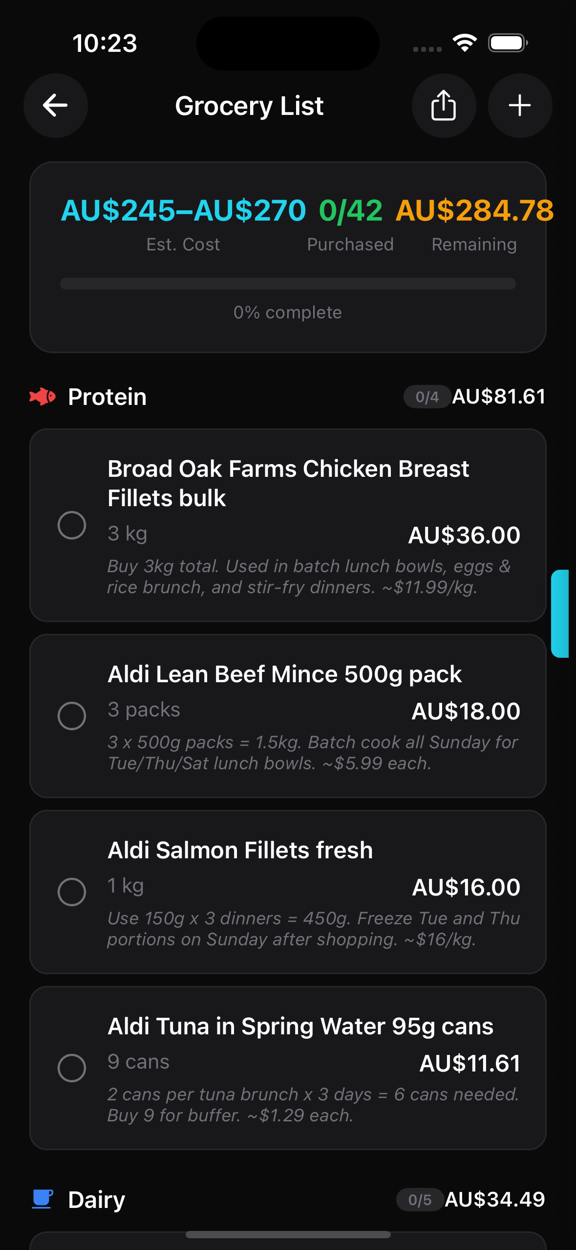 Itemised grocery list with prices