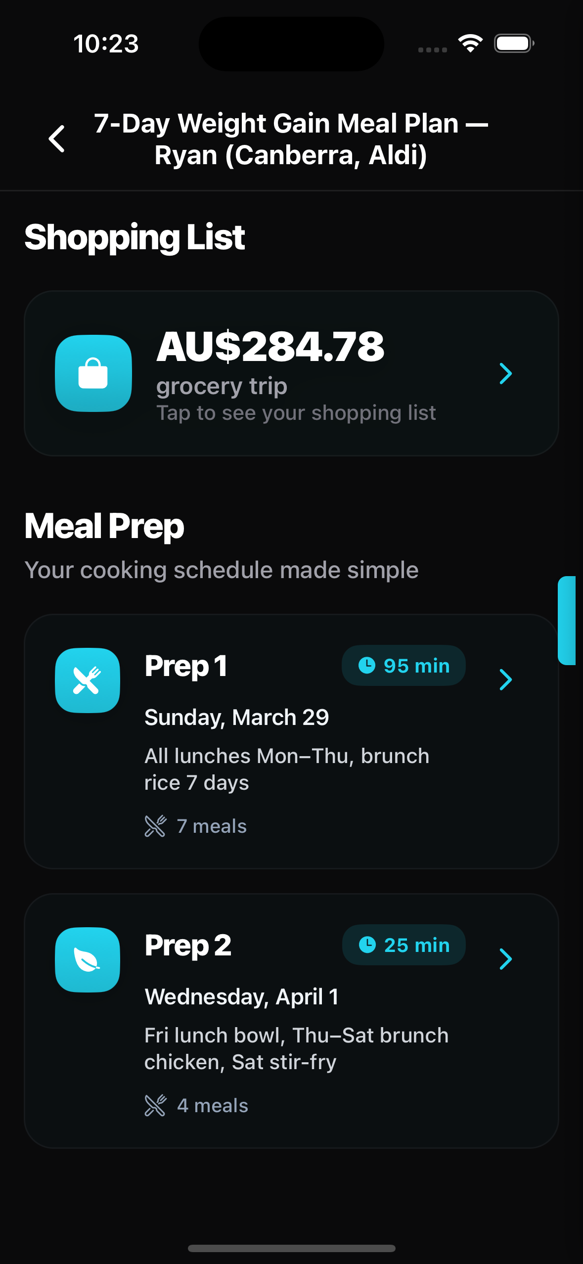 Grocery list and meal prep schedule